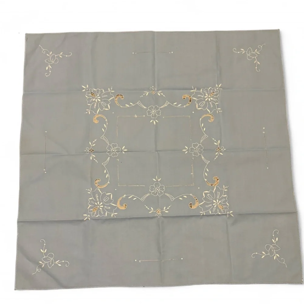 Vintage Blue Embroidered Linen Tablecloth 32x35 Floral Cutwork Tea Cottagecore